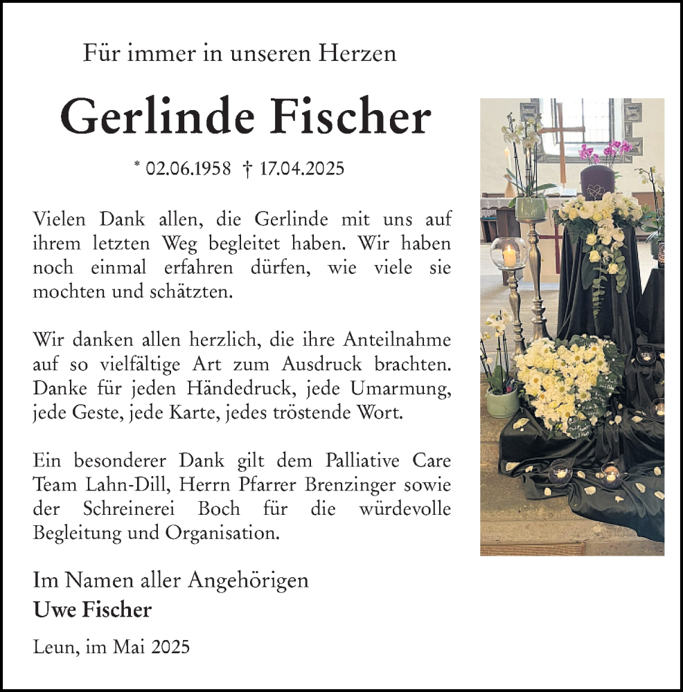  Traueranzeige für Gerlinde Fischer vom 24.05.2025 aus Weilburger Tageblatt