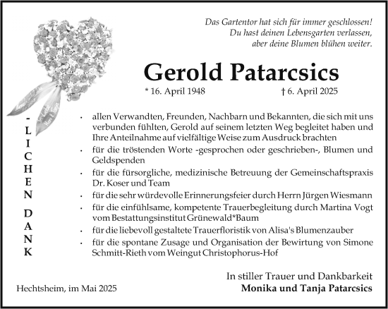 Traueranzeige von Gerold Patarcsics von Allgemeine Zeitung Mainz