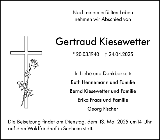 Traueranzeige von Gertraud Kiesewetter von Darmstädter Echo