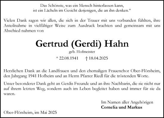 Traueranzeige von Gertrud Hahn von Allgemeine Zeitung Alzey