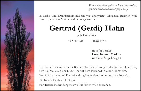 Traueranzeige von Gertrud Hahn von Allgemeine Zeitung Alzey