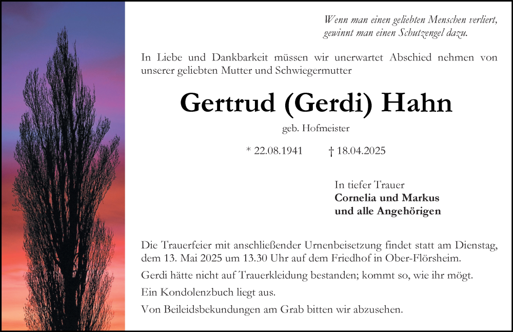  Traueranzeige für Gertrud Hahn vom 03.05.2025 aus Allgemeine Zeitung Alzey