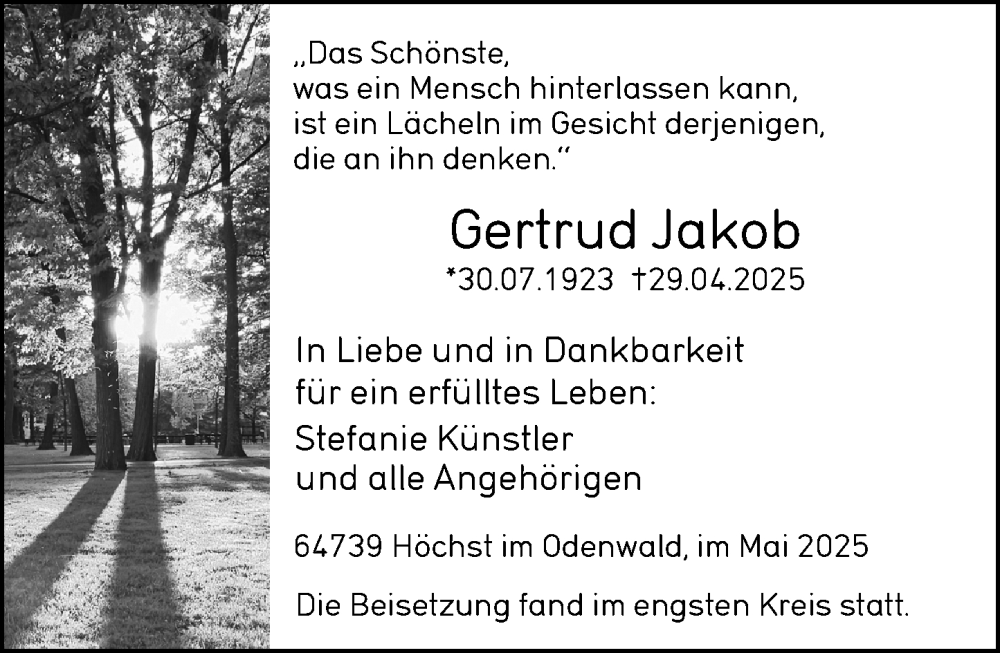  Traueranzeige für Gertrud Jakob vom 24.05.2025 aus Odenwälder Echo
