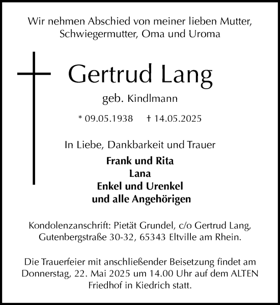 Traueranzeige von Gertrud Lang von Rheingau Kurier