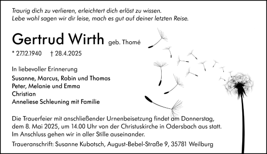 Traueranzeige von Gertrud Wirth von Weilburger Tageblatt