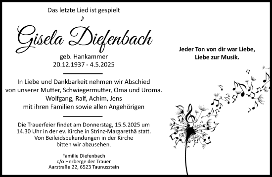 Traueranzeige von Gisela Diefenbach von Idsteiner Land/Untertaunus
