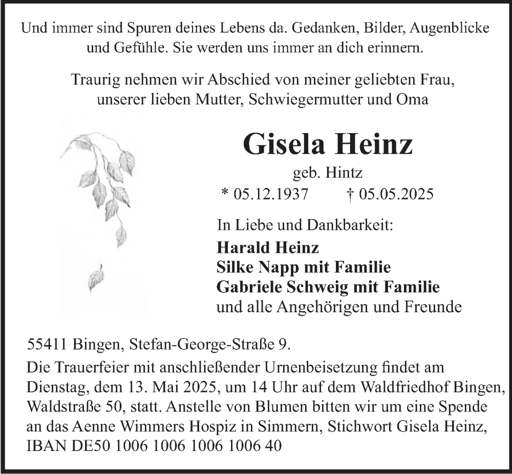  Traueranzeige für Gisela Heinz vom 10.05.2025 aus Allgemeine Zeitung Rheinhessen-Nahe
