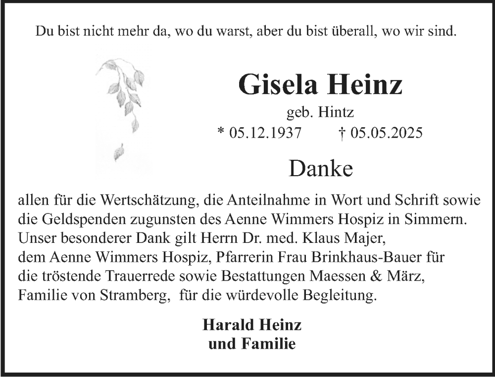  Traueranzeige für Gisela Heinz vom 24.05.2025 aus Allgemeine Zeitung Rheinhessen-Nahe