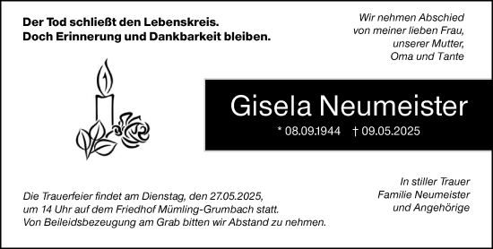 Traueranzeige von Gisela Neumeister von Odenwälder Echo