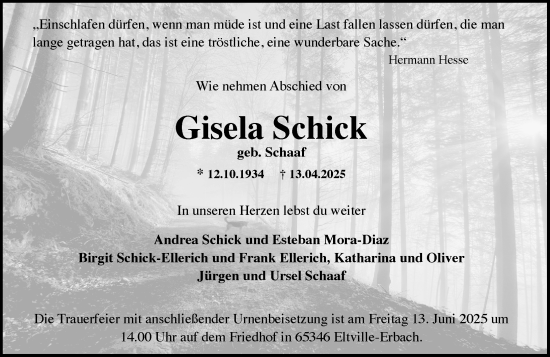 Traueranzeige von Gisela Schick von Rheingau Kurier