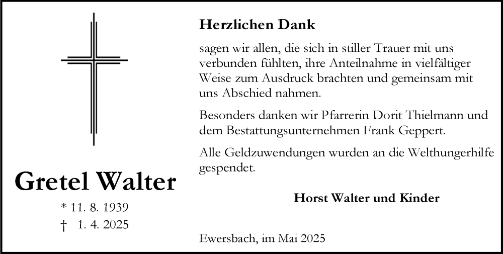  Traueranzeige für Gretel Walter vom 07.05.2025 aus Dill Block