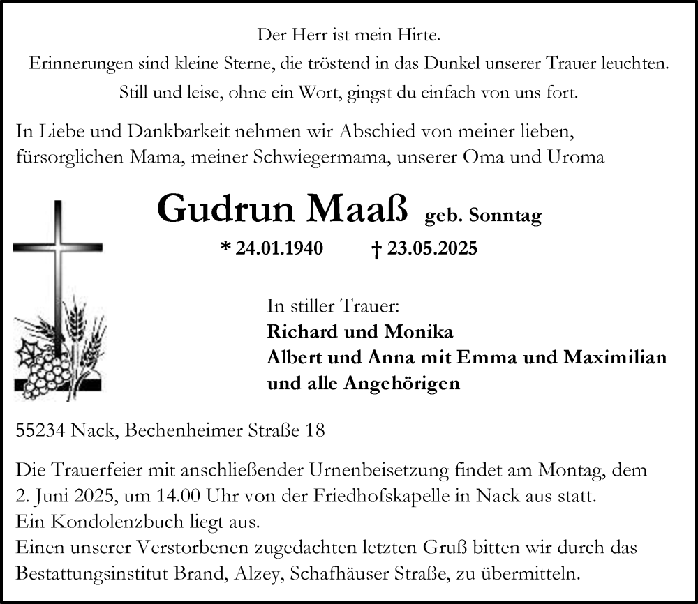  Traueranzeige für Gudrun Maaß vom 28.05.2025 aus Allgemeine Zeitung Alzey