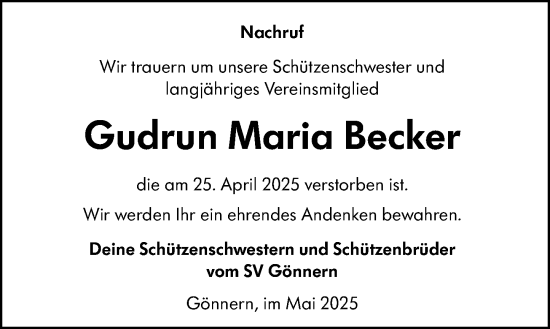 Traueranzeige von Gudrun Maria Becker von Hinterländer Anzeiger