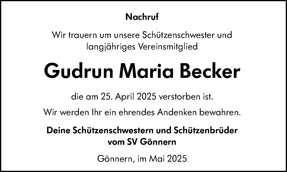  Traueranzeige für Gudrun Maria Becker vom 15.05.2025 aus Hinterländer Anzeiger