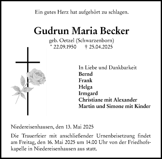 Traueranzeige von Gudrun Maria Becker von Hinterländer Anzeiger