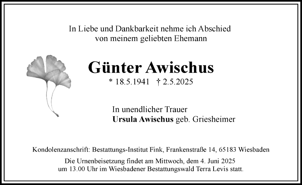  Traueranzeige für Günter Awischus vom 28.05.2025 aus Wiesbadener Kurier