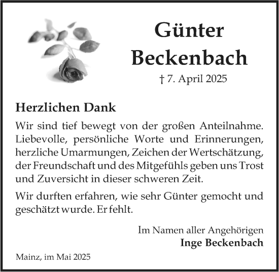 Traueranzeige von Günter Beckenbach von Allgemeine Zeitung Mainz