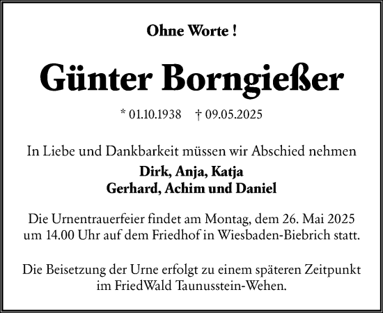 Traueranzeige von Günter Borngießer von Wiesbadener Kurier