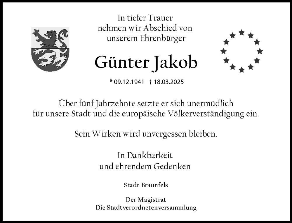  Traueranzeige für Günter Jakob vom 10.05.2025 aus Wetzlarer Neue Zeitung