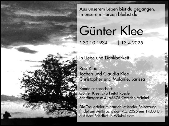 Traueranzeige von Günter Klee von Wiesbadener Kurier