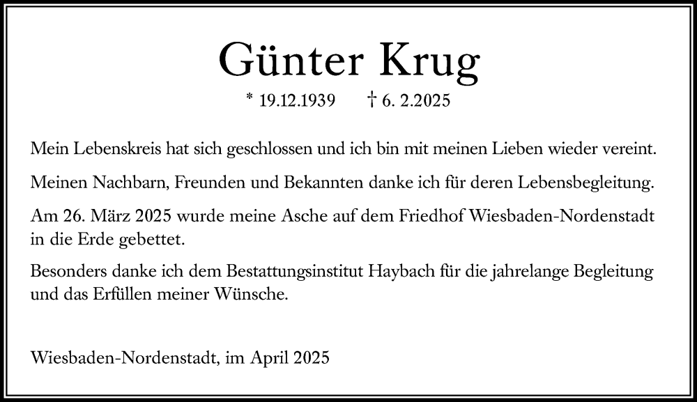  Traueranzeige für Günter Krug vom 03.05.2025 aus Wiesbadener Kurier