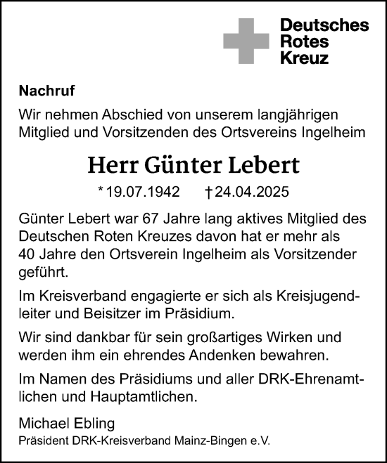 Traueranzeige von Günter Lebert von Allgemeine Zeitung Mainz