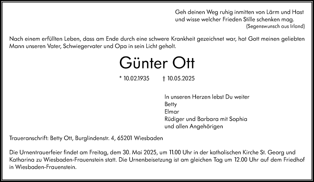 Traueranzeige für Günter Ott vom 17.05.2025 aus Wiesbadener Kurier