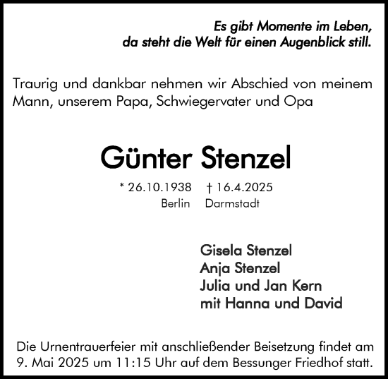 Traueranzeige von Günter Stenzel von Darmstädter Echo