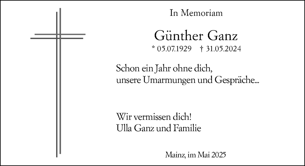  Traueranzeige für Günther Ganz vom 31.05.2025 aus Allgemeine Zeitung Mainz