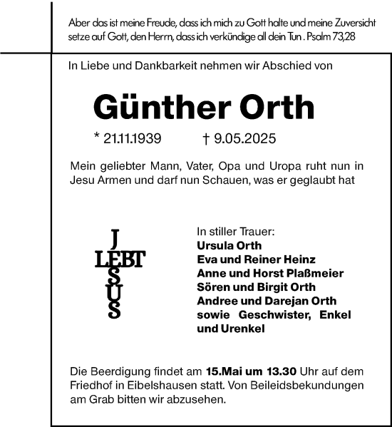Traueranzeige von Günther Orth von Dill Block