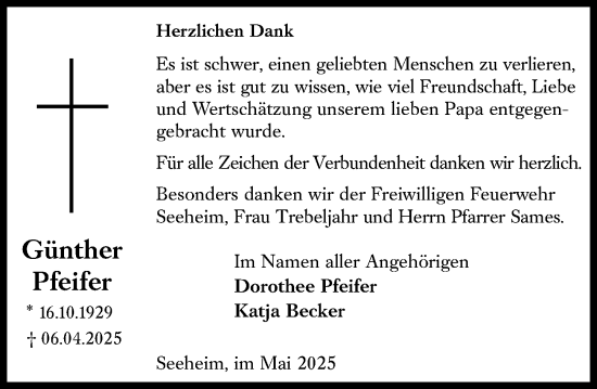 Traueranzeige von Günther Pfeifer von Darmstädter Echo