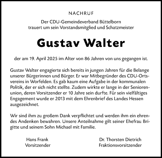 Traueranzeige von Gustav Walter von Groß-Gerauer Echo