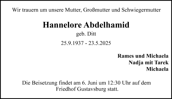Traueranzeige von Hannelore Abdelhamid von Allgemeine Zeitung Mainz