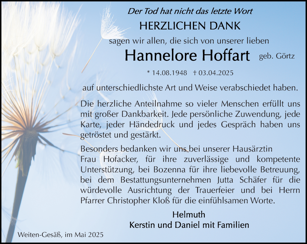  Traueranzeige für Hannelore Hoffart vom 10.05.2025 aus Odenwälder Echo