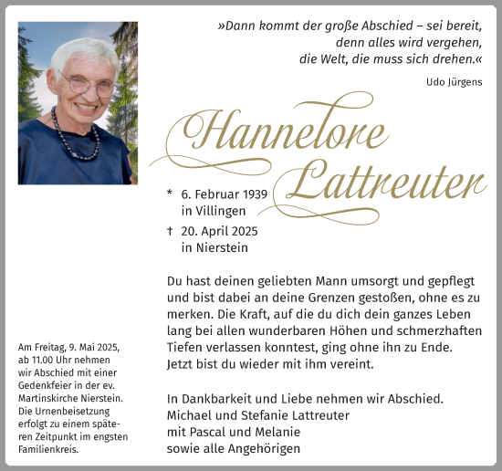 Traueranzeige von Hannelore Lattreuter von Allgemeine Zeitung Mainz