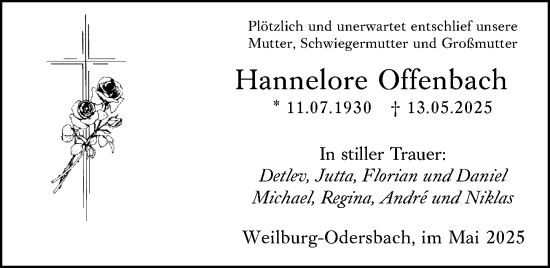 Traueranzeige von Hannelore Offenbach von Weilburger Tageblatt