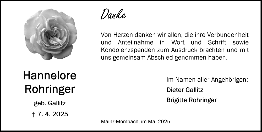  Traueranzeige für Hannelore Rohringer vom 10.05.2025 aus Allgemeine Zeitung Mainz