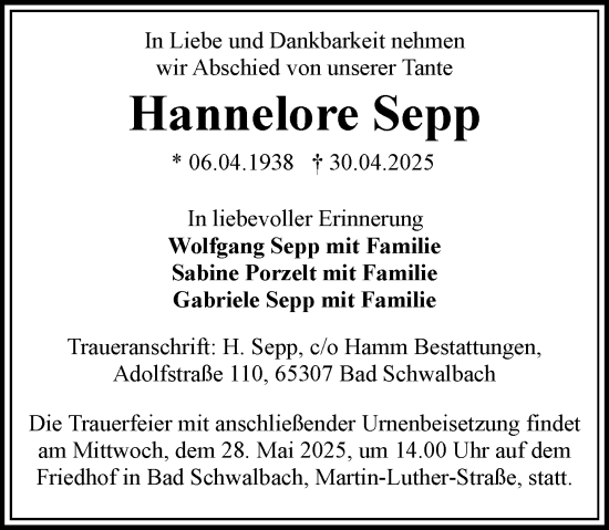Traueranzeige von Hannelore Sepp von Wiesbadener Kurier