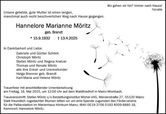 Traueranzeige von Hannelore Marianne Möritz von Allgemeine Zeitung Mainz
