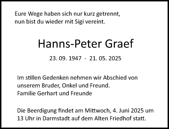 Traueranzeige von Hanns-Peter Graef von Darmstädter Echo