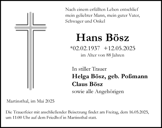 Traueranzeige von Hans Bösz von Rheingau Kurier