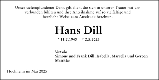Traueranzeige von Hans Dill von Hochheimer Zeitung