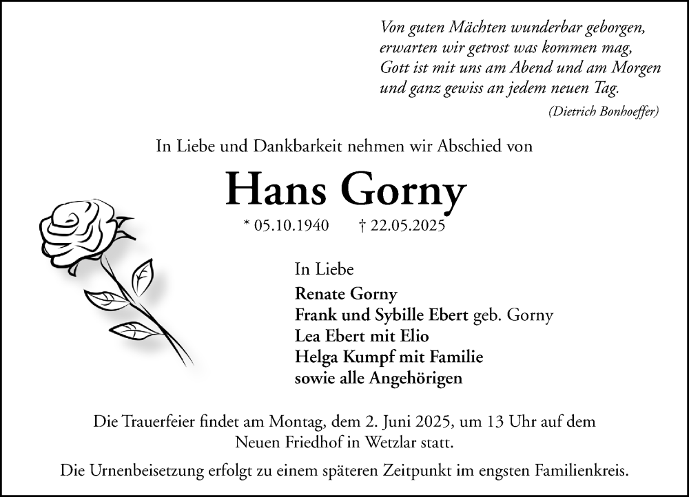  Traueranzeige für Hans Gorny vom 28.05.2025 aus Wetzlarer Neue Zeitung