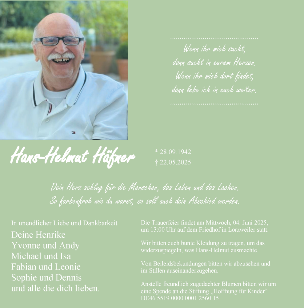  Traueranzeige für Hans-Helmut Häfner vom 31.05.2025 aus Allgemeine Zeitung Mainz