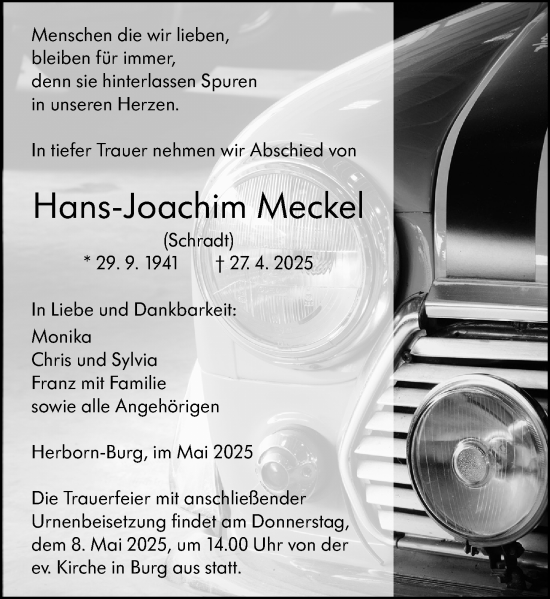 Traueranzeige von Hans-Joachim Meckel von Dill Block