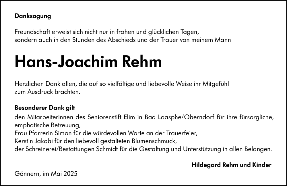  Traueranzeige für Hans-Joachim Rehm vom 17.05.2025 aus Hinterländer Anzeiger