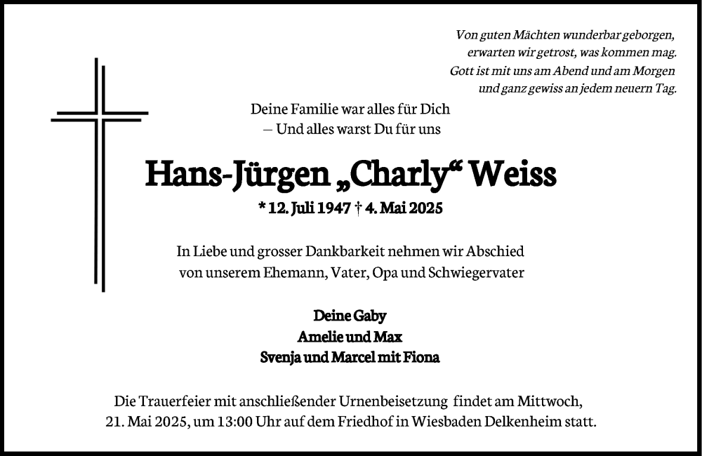  Traueranzeige für Hans-Jürgen Weiss vom 17.05.2025 aus Wiesbadener Kurier
