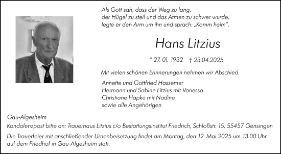 Traueranzeige von Hans Litzius von Allgemeine Zeitung Rheinhessen-Nahe