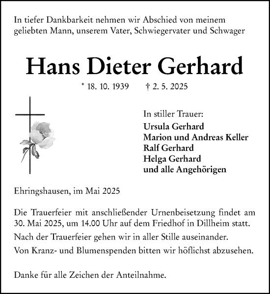 Traueranzeige von Hans Dieter Gerhard von Wetzlarer Neue Zeitung