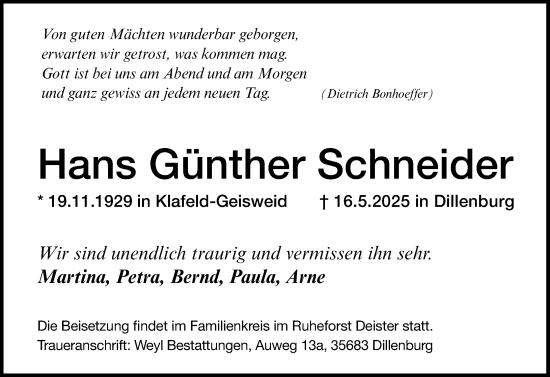 Traueranzeige von Hans Günther Schneider von Dill Block